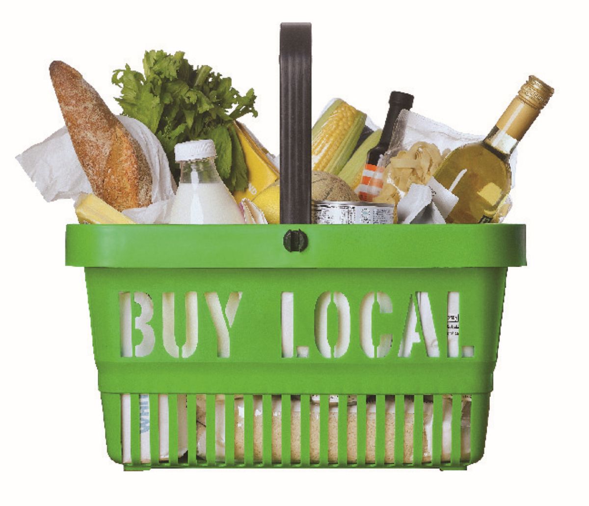 Shopping basket filled with local goods.