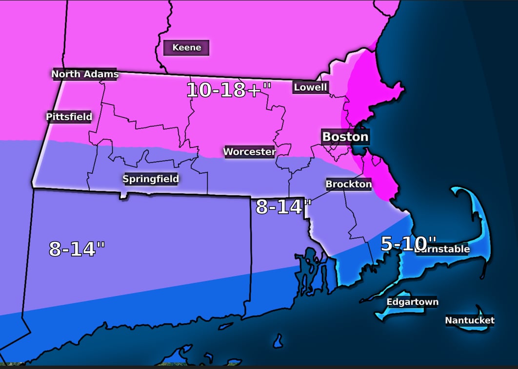 Map of snow totals in Cheshire County