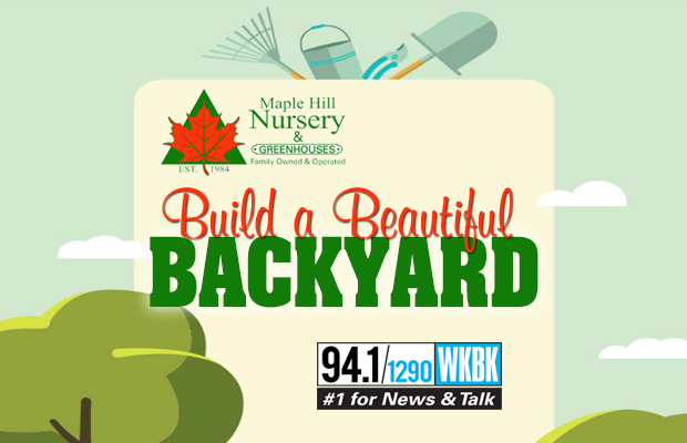 Promotional banner for Maple Hill Nursery: 'Build a Beautiful Backyard' with garden tools illustration and WKKB 94.1/1290 News & Talk logo in foreground.