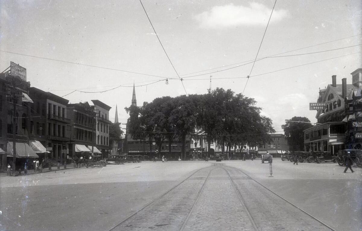Historic town square with tram tracks and overhead wires, storefronts on both sides, and a large central tree, with church spires in the distance.