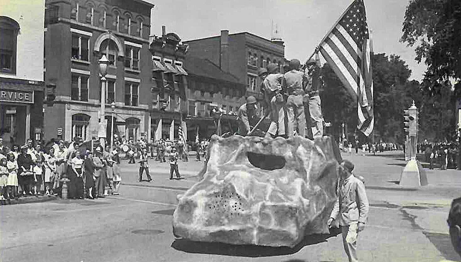Military float in July 4 parade in Keene, 1946