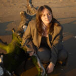 Woman in a tan business suit sits on the sand beside a large, weathered driftwood log at sunset, gazing thoughtfully ahead.