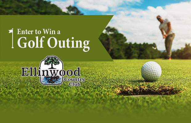 Promotional banner: 'Enter to Win a Golf Outing' for Ellinwood Country Club, showing a golf ball near a hole on the green with a golfer in the background and the club logo.