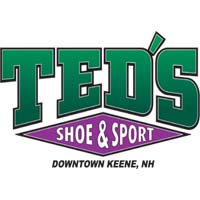 Ted's Shoe & Sport logo in green block letters with a purple 'Shoe & Sport' banner and 'Downtown Keene, NH' text.