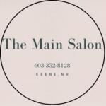 Partial circular frame over a beige textured background with large green serif text reading 'The Main Salon' and contact info (603-352-8128, Keene, NH).