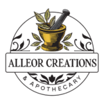 Logo for Alleor Creations Apothecary featuring a mortar and pestle with leaves in a circular badge, gold and black design.