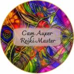 Circular stained-glass style badge with vibrant rainbow patterns and a translucent banner reading 'Cam Auxer Reiki Master' in the center.